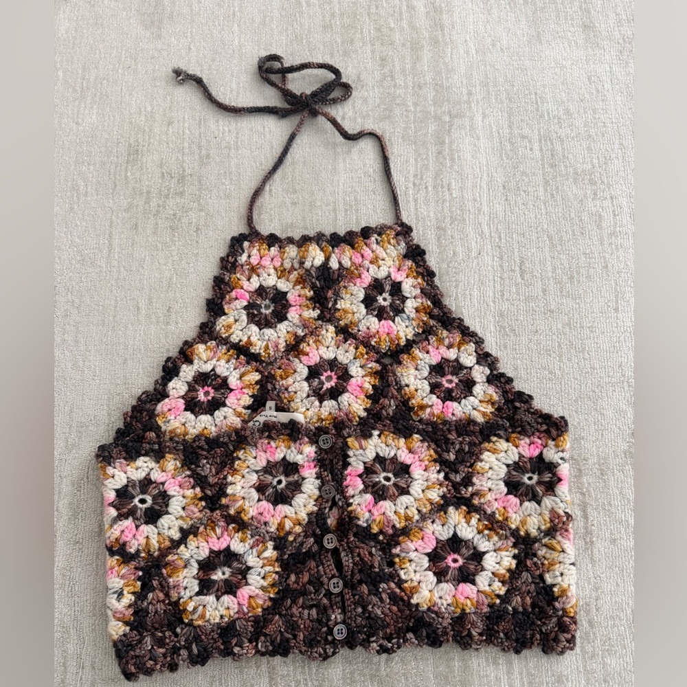 SEA Crochet Halter Top - Brown, Cream & Pink Floral Motif - Picture 2 of 3